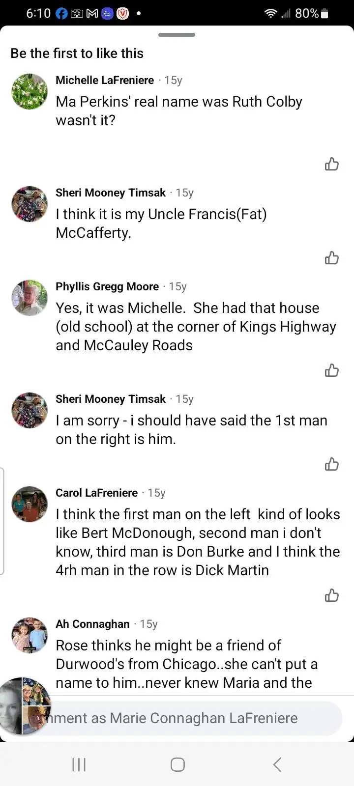 A smartphone screenshot shows a social media comment thread with profile images and discussion of people in an unidentified photograph.