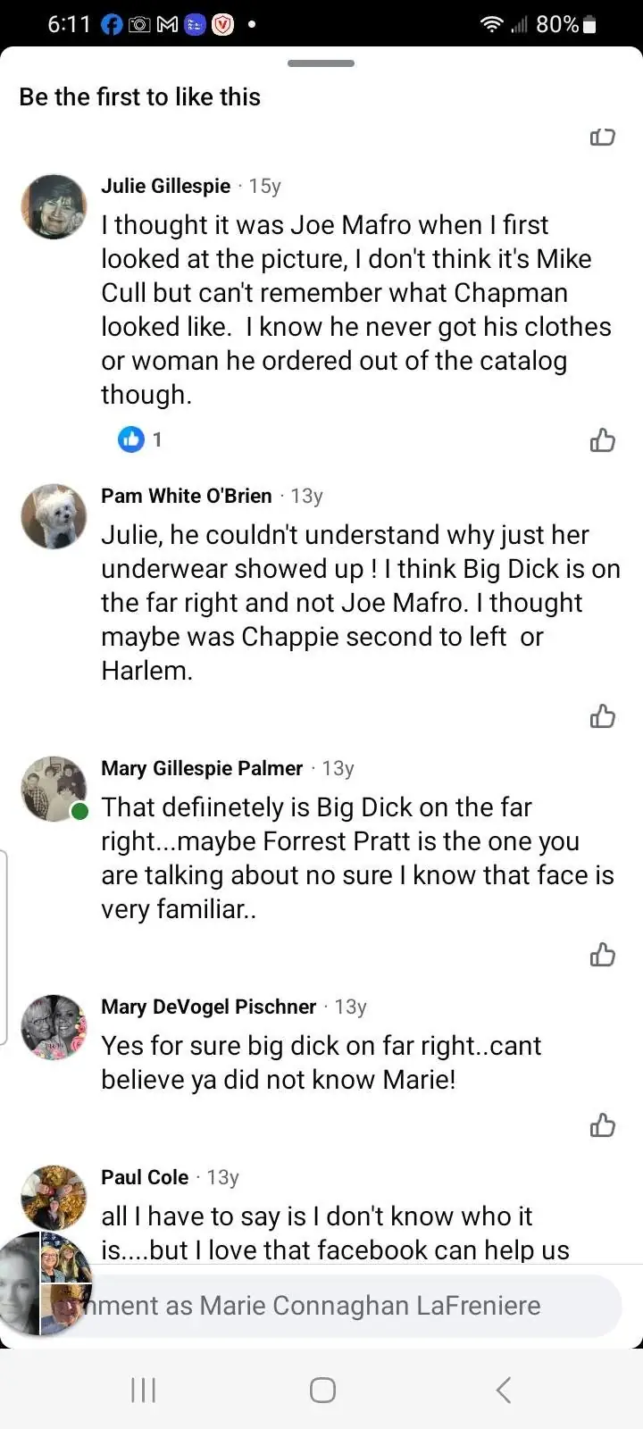 A smartphone screenshot shows a social-media comment thread discussing unidentified people in a photograph.