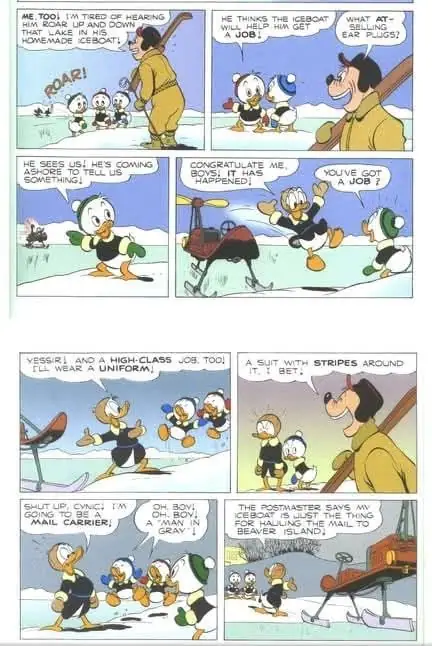 A comic-book page shows ducks discussing an iceboat and a new mail-carrier job on snowy ice.