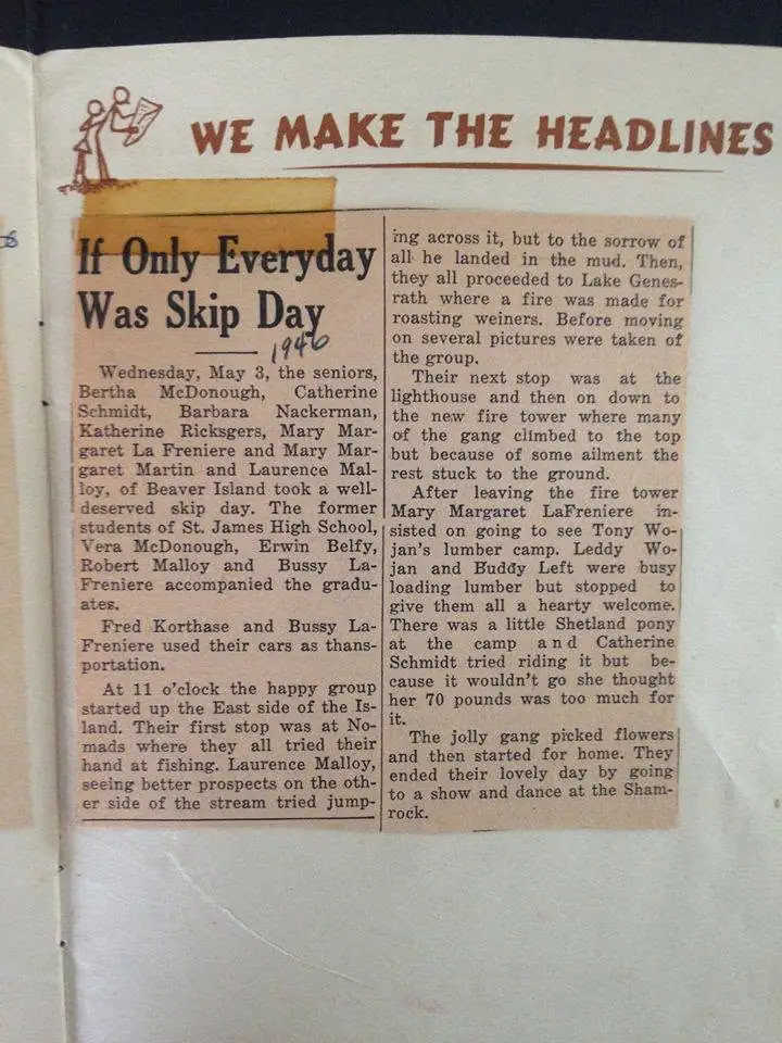 Photograph of a printed two-column page headed “WE MAKE THE HEADLINES” with an article about a skip day.