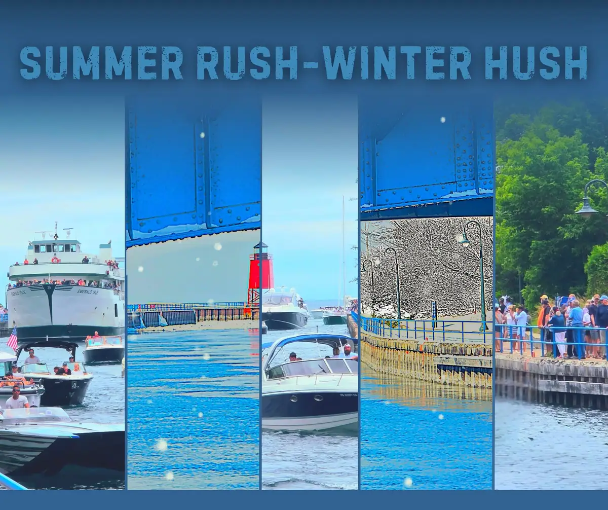 Promotional collage showing a ferry, motorboats, a lighthouse, a dock crowd, and seasonal waterfront scenes.
