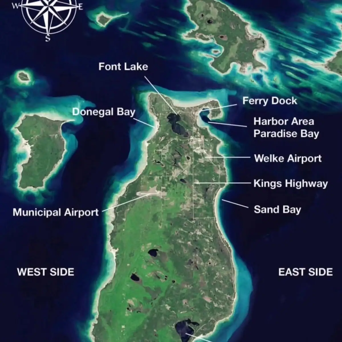 Annotated satellite-style map with a compass rose, labeled waterways, facilities, roads, and shoreline areas.