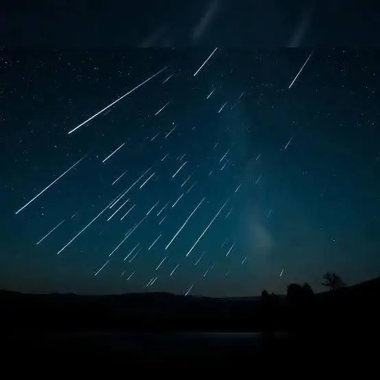 Long-exposure night photograph showing bright streaks across a star-filled sky above a dark shoreline.