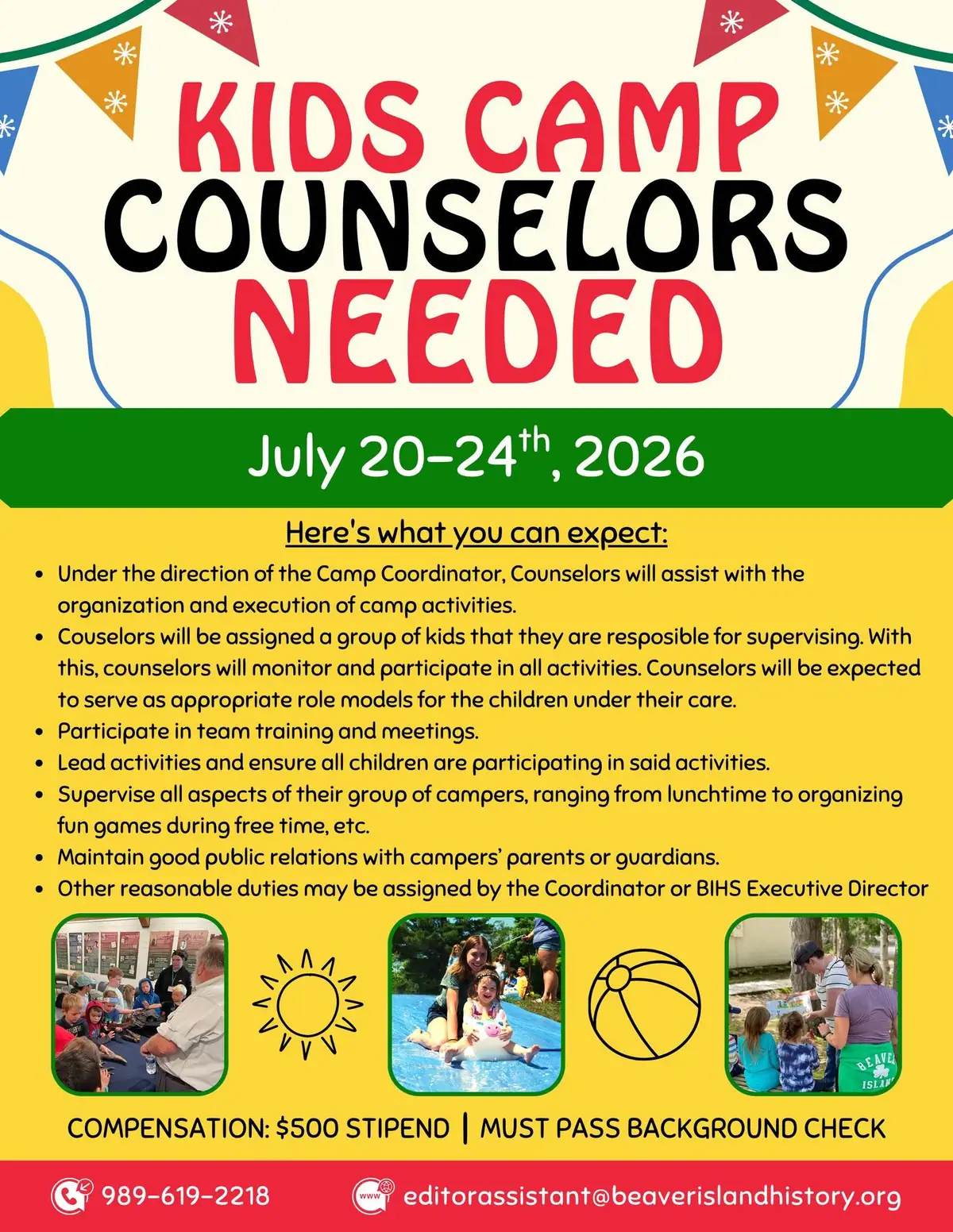 Colorful illustrated poster seeking kids' camp counselors, with duties, compensation, contact information, and activity photos.