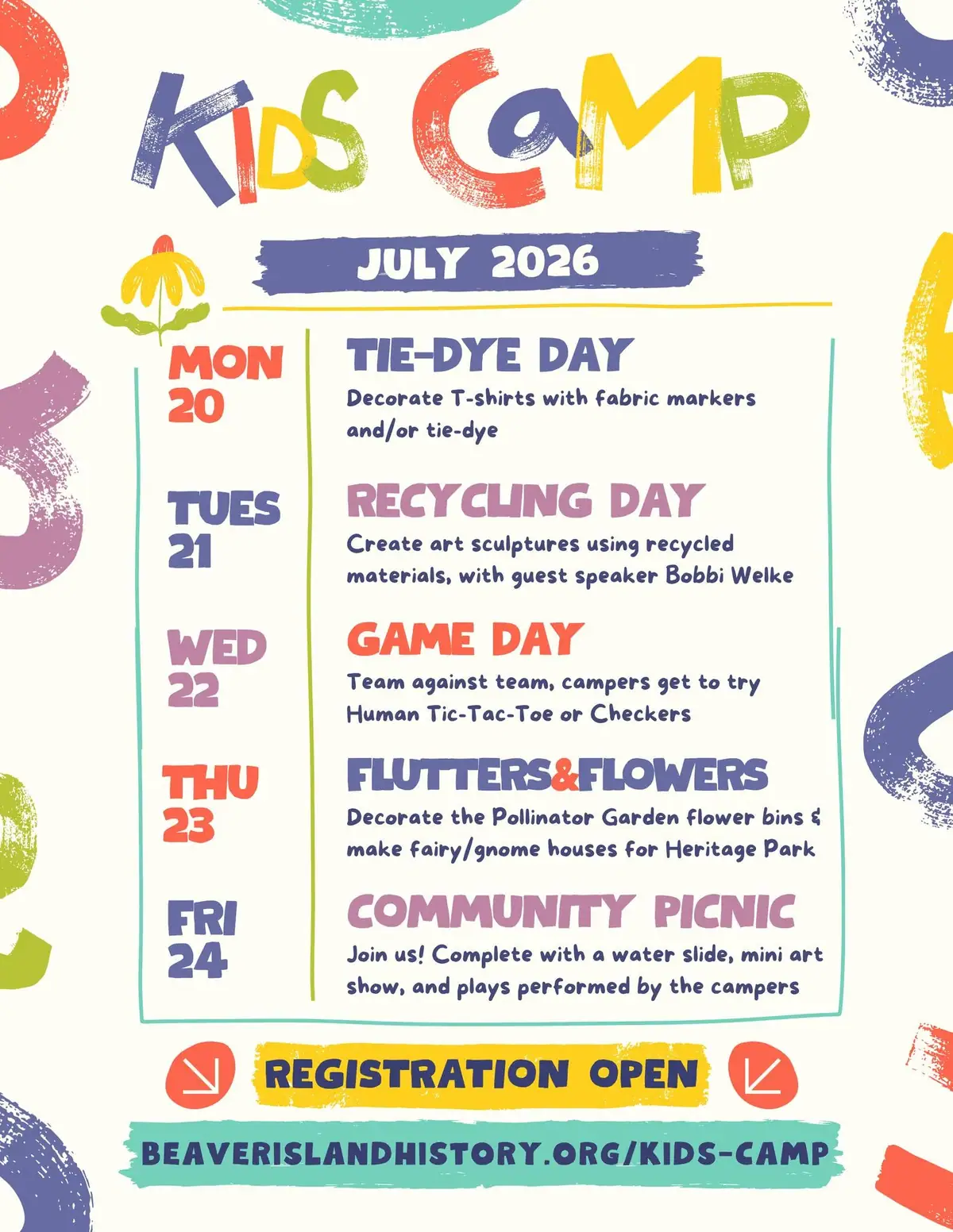 Colorful illustrated Kids Camp poster with a July 2026 schedule, daily activities, and registration information.