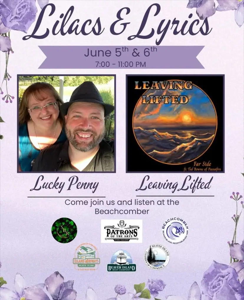Promotional music poster with floral border, two performers, event details, and an illustrated album cover.
