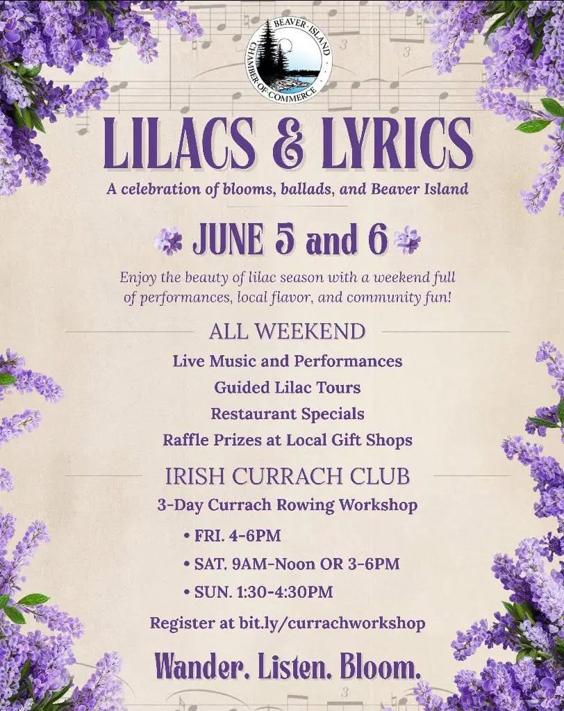 Illustrated event poster framed by purple lilac blossoms, with large lettering and a circular chamber logo.