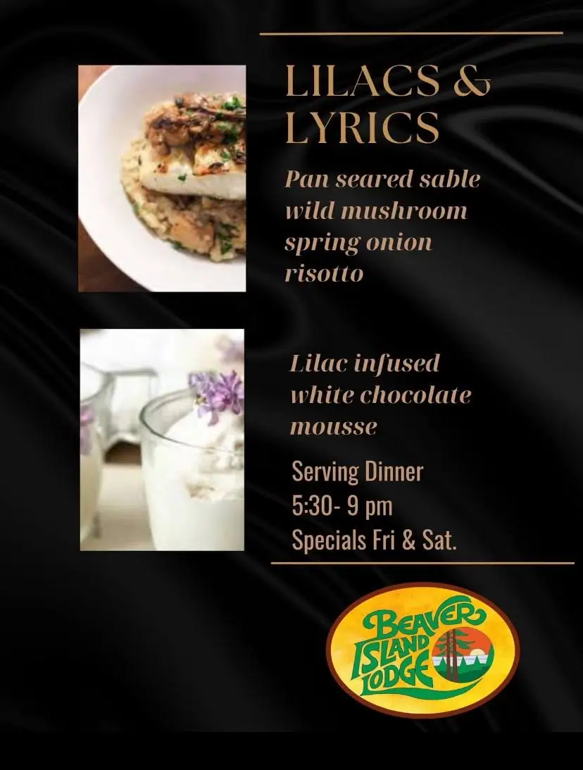 Promotional graphic with plated sable and risotto, lilac mousse, and dinner-special lettering.