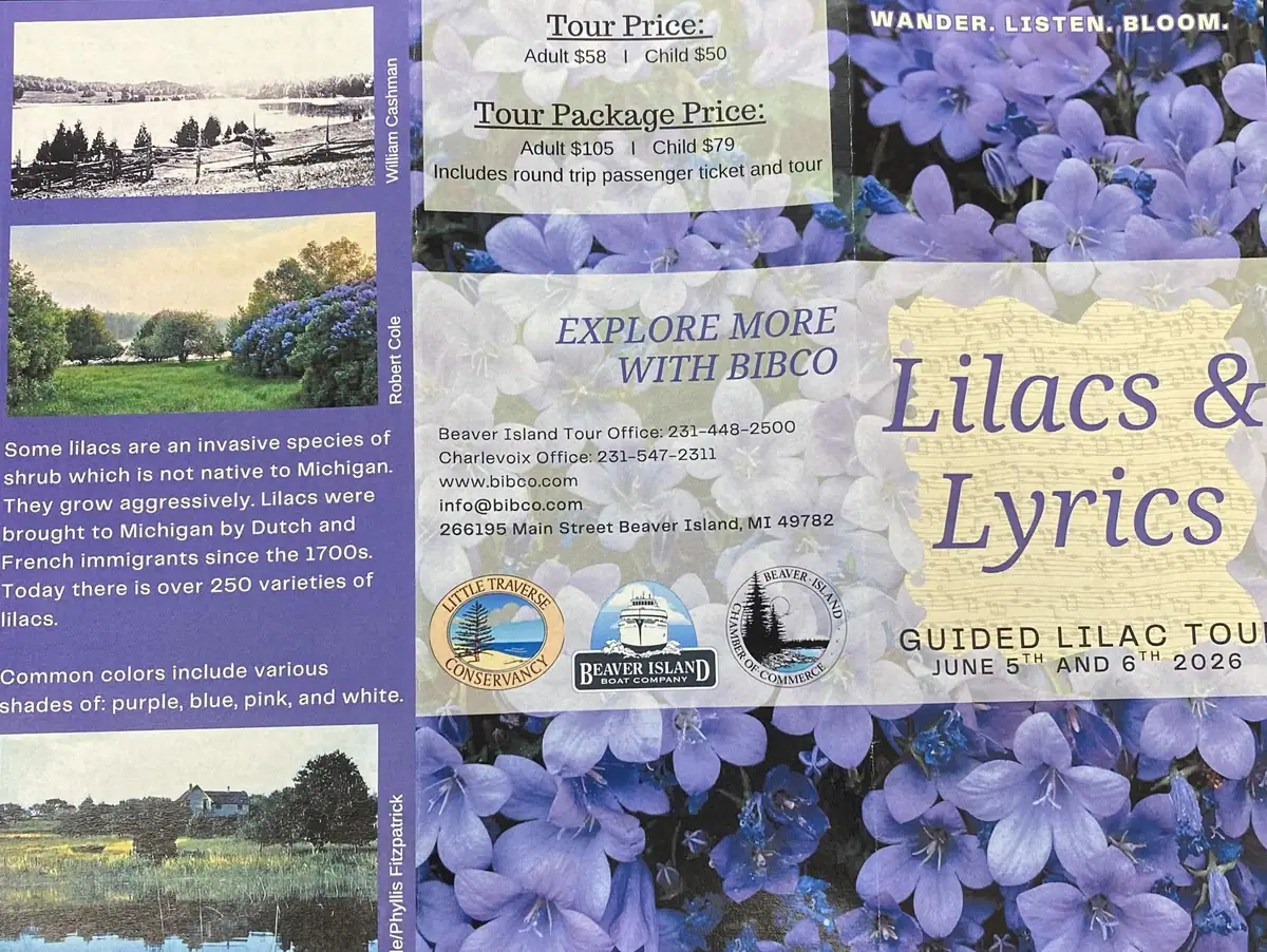 A colorful lilac-tour brochure with floral imagery, landscape photographs, prices, contact information, and promotional text.