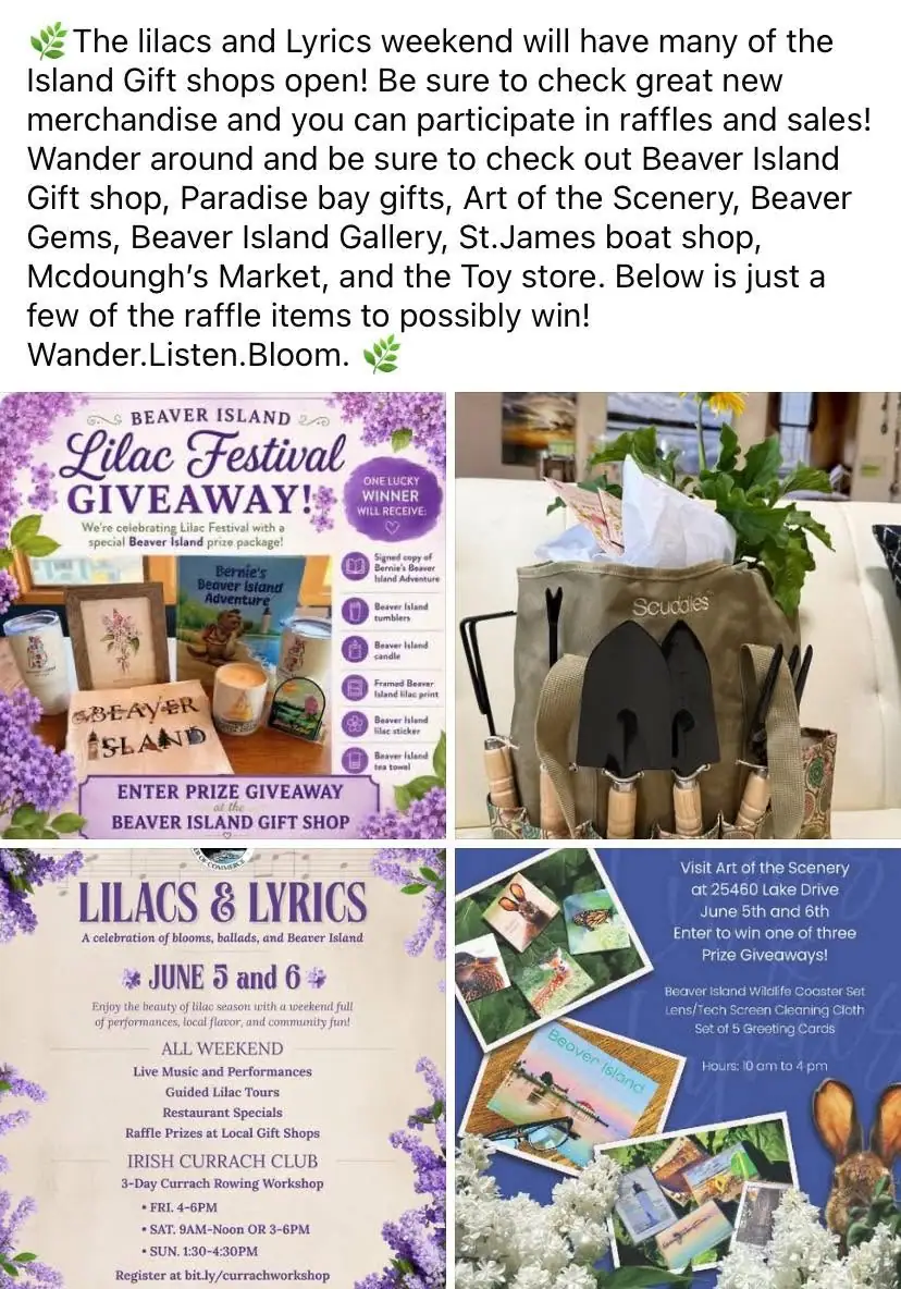 Four-panel promotional collage featuring a giveaway poster, a canvas tote with gardening tools, and event advertisements.