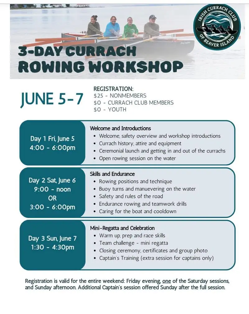 Promotional flyer showing four people rowing a currach above a three-day rowing workshop schedule.