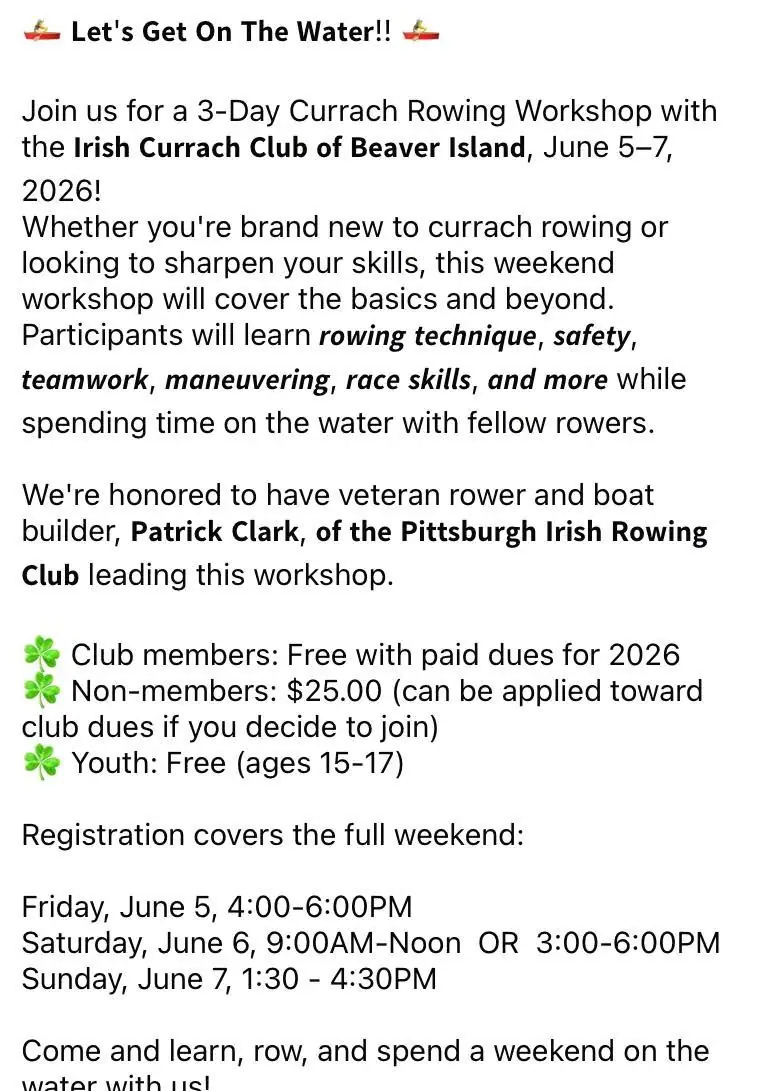 A printed flyer advertising a multi-day currach rowing workshop, with schedule, fees, and registration details.