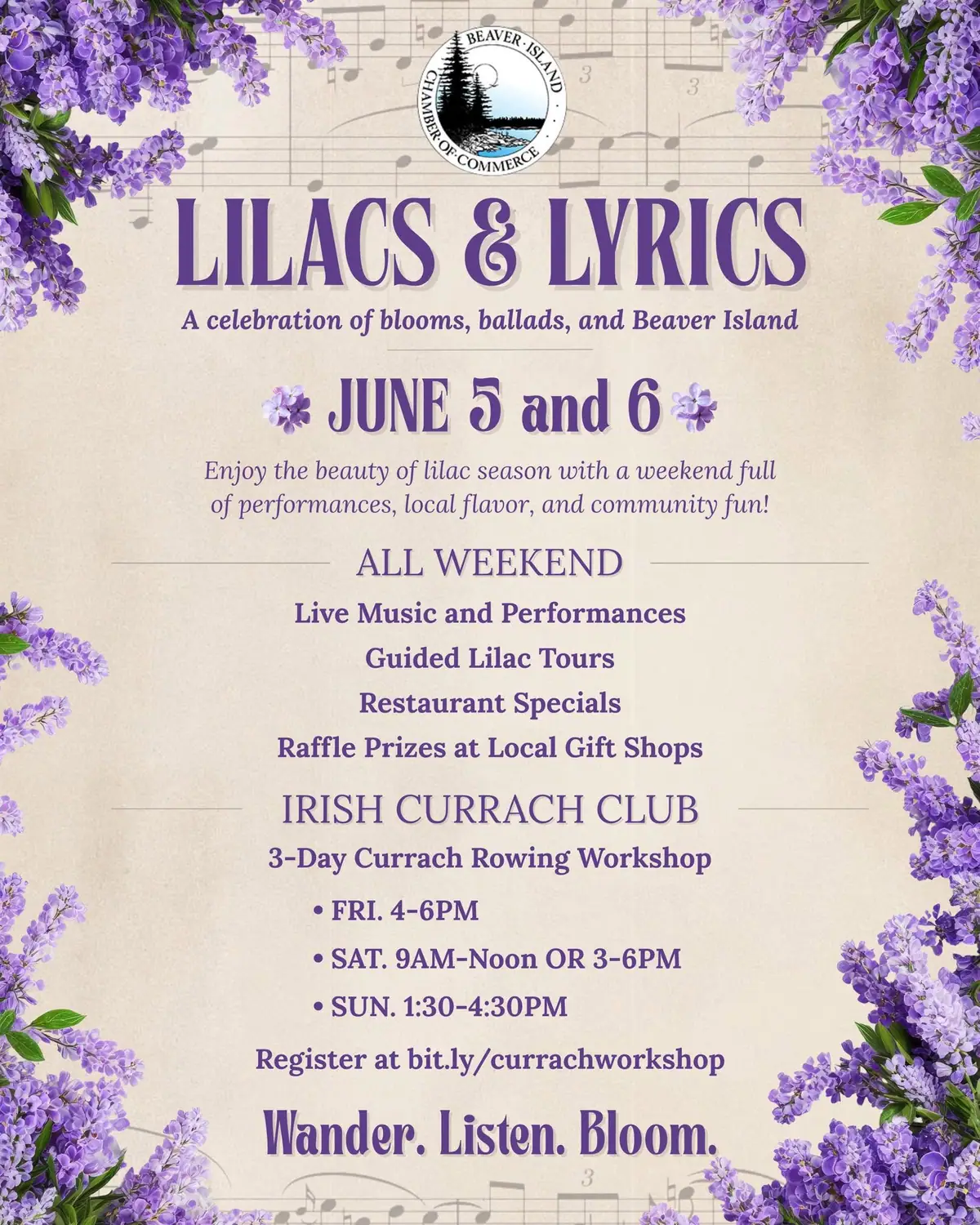 Decorative event poster for Lilacs & Lyrics, with purple flowers, musical notes, and program details.
