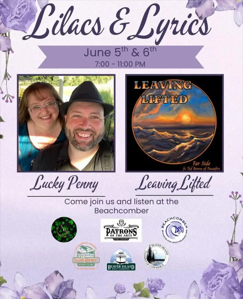A floral event poster with music listings, a couple’s portrait, and a painted seascape.
