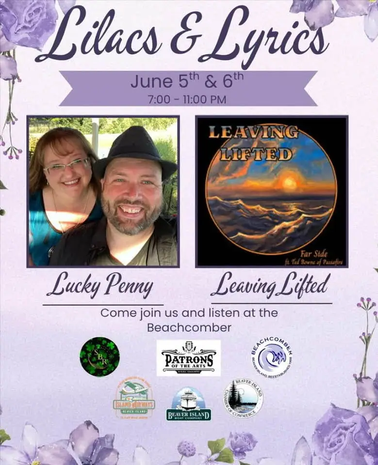 Promotional poster with a smiling couple, a sunset illustration, floral border, and event lettering.