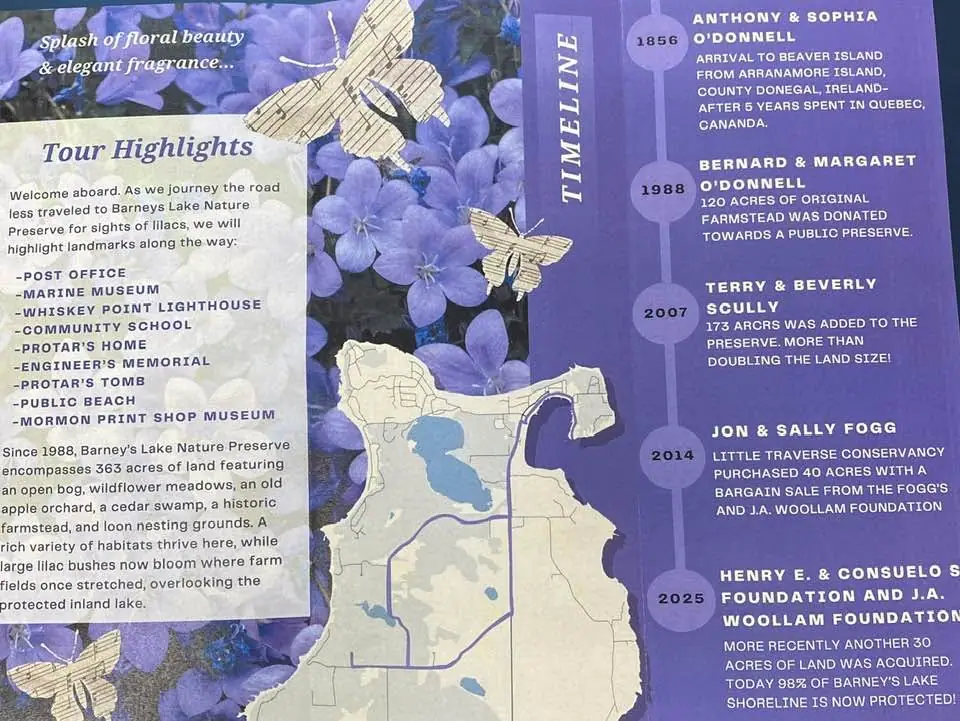 Printed promotional panel with purple flowers, butterflies, a map, tour highlights, and a preservation timeline.