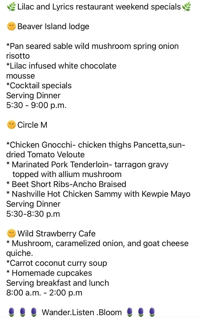 A text graphic advertises restaurant specials, meal offerings, and serving hours.