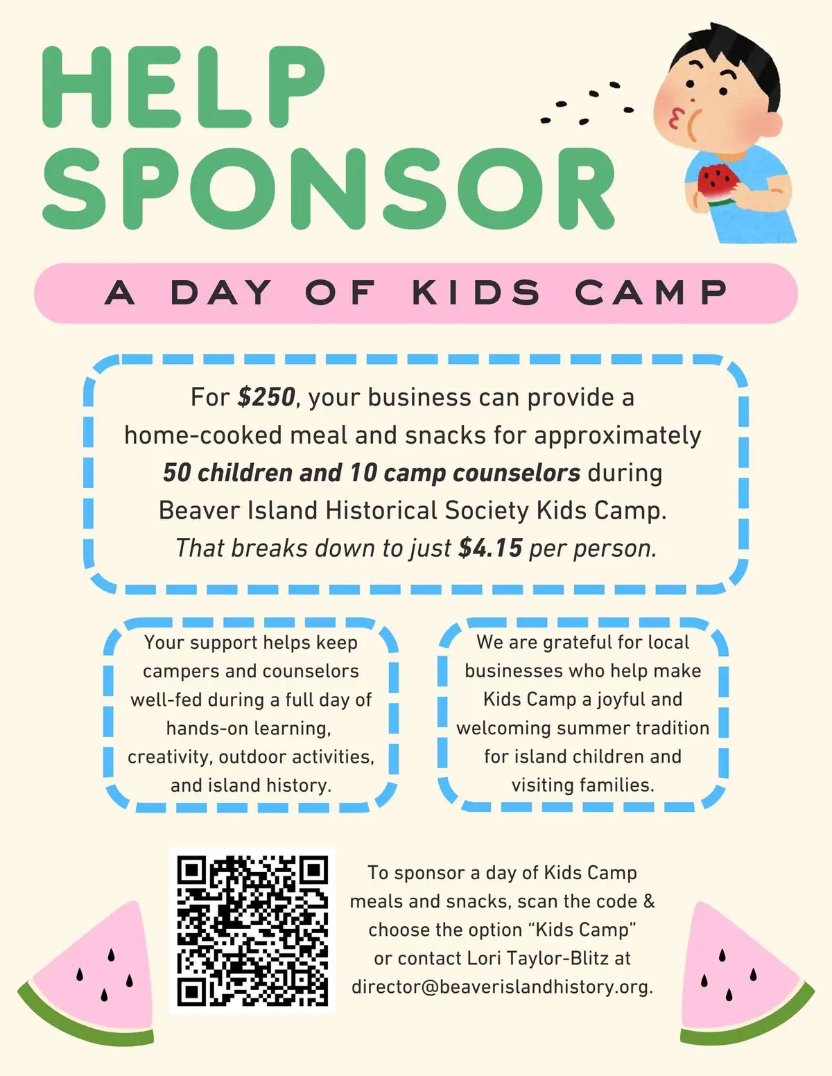 Illustrated fundraising poster featuring a child holding watermelon, donation text, and a QR code.