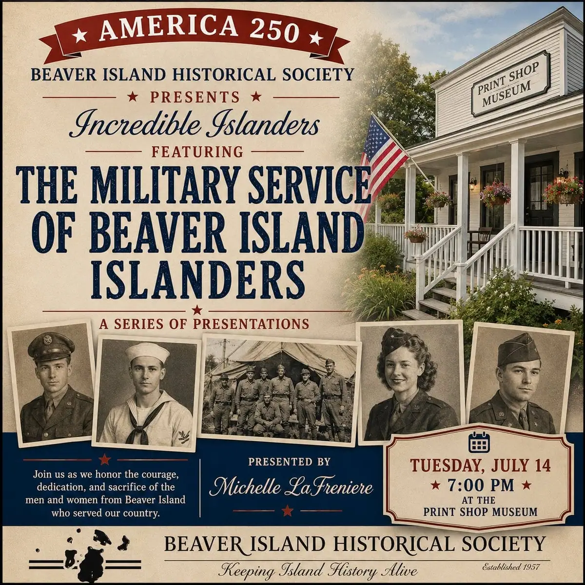 A vintage-style event poster with military portraits, a museum building, an American flag, and extensive printed lettering.