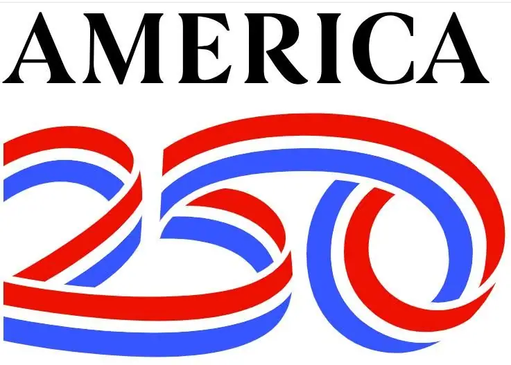 Graphic reading “AMERICA” above red-and-blue bands forming the number 250.