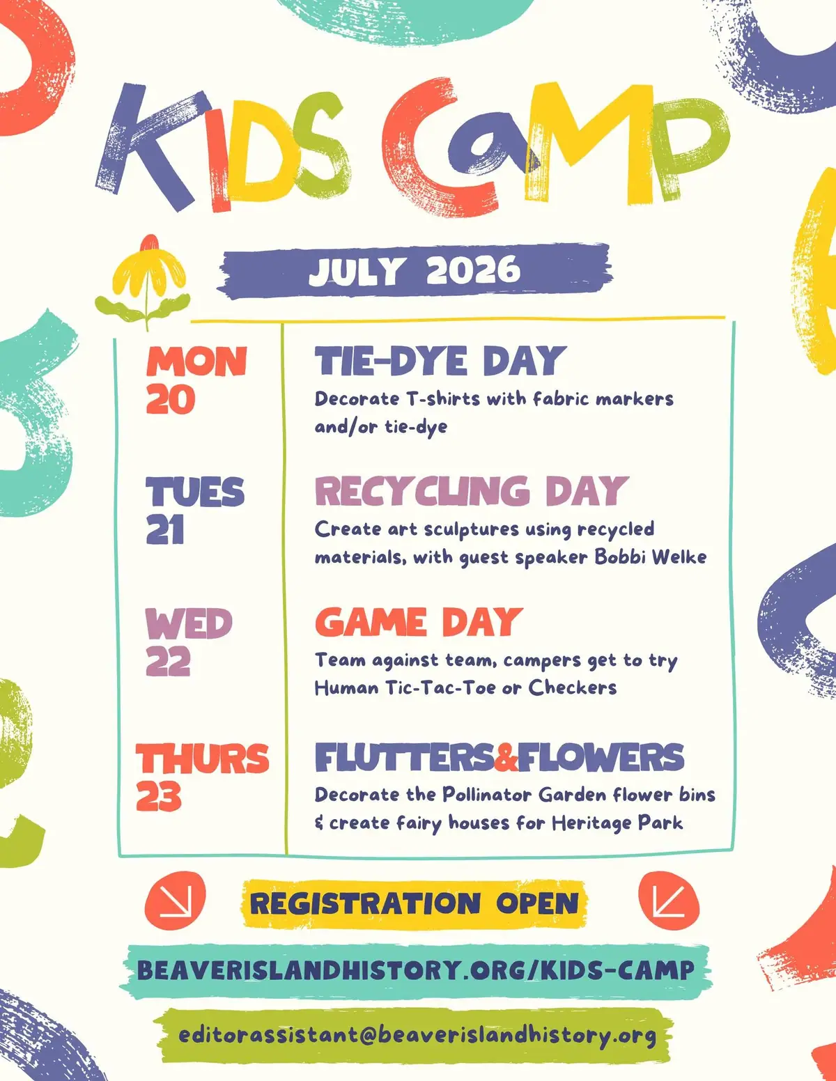 Colorful illustrated Kids Camp schedule poster with activities, dates, registration information, and decorative brushstrokes.