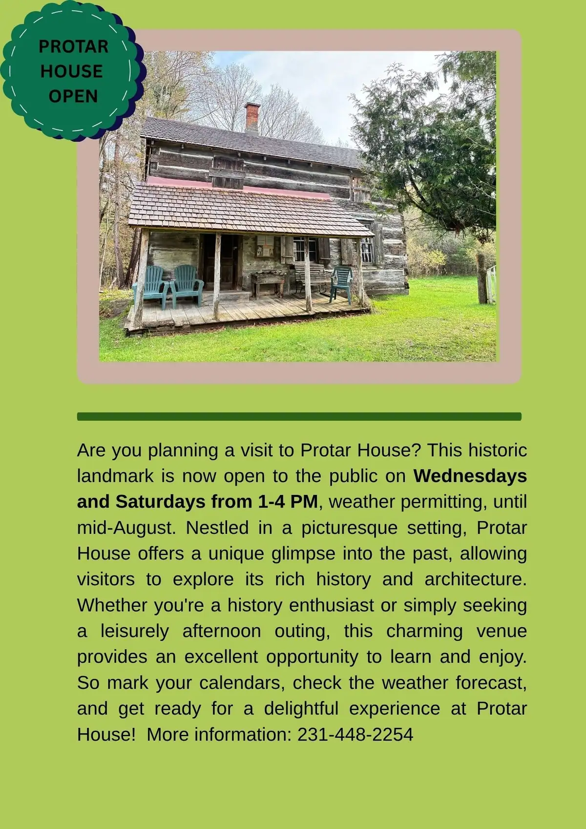 Promotional poster showing a rustic log house with porch and opening hours.