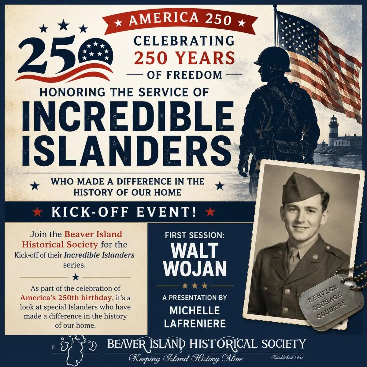 Commemorative poster with an American flag, lighthouse, uniformed figure, and inset portrait.