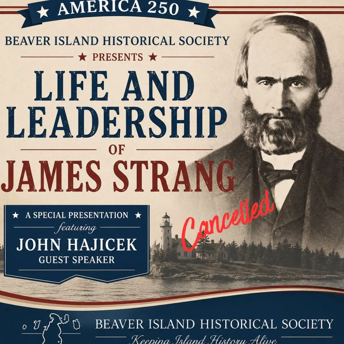 Event poster with a bearded man's portrait, lighthouse shoreline image, presentation text, and a red cancellation notice.