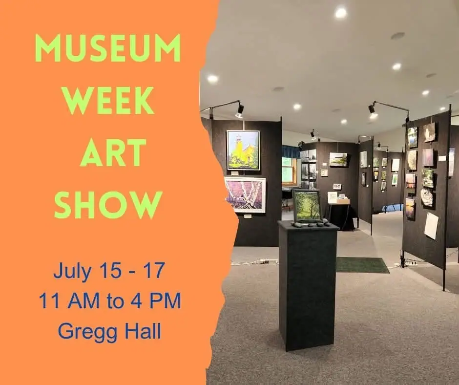 Promotional graphic for an art show, with exhibition panels and framed artwork in a lit gallery interior.