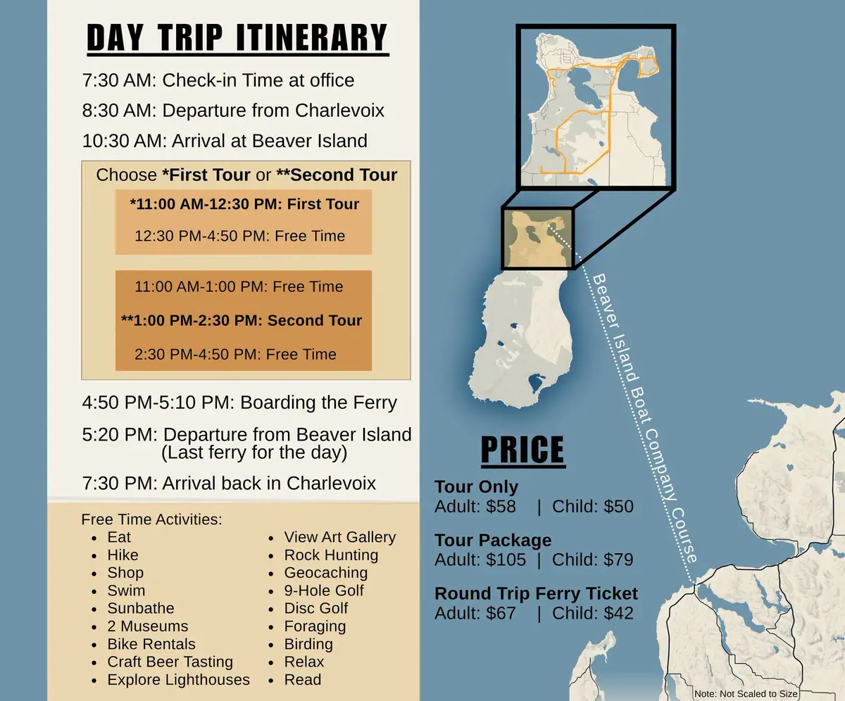Illustrated day-trip itinerary poster with a timetable, route map, activities, and ticket prices.