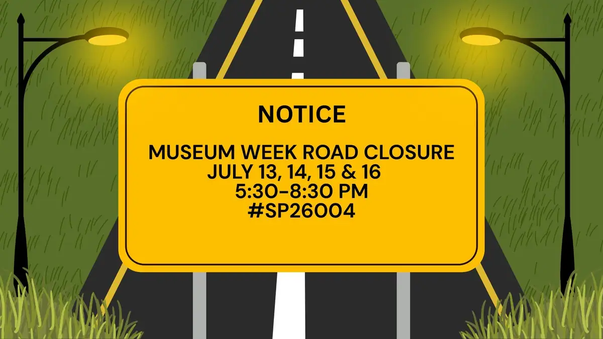 Illustrated road-closure notice with a yellow sign, roadway, grass, and streetlights.