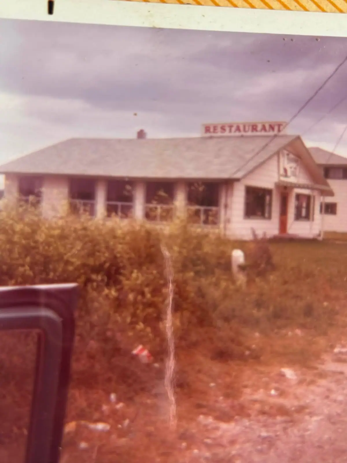 A small white restaurant building with a rooftop sign, porch, overgrown vegetation, and utility wires.