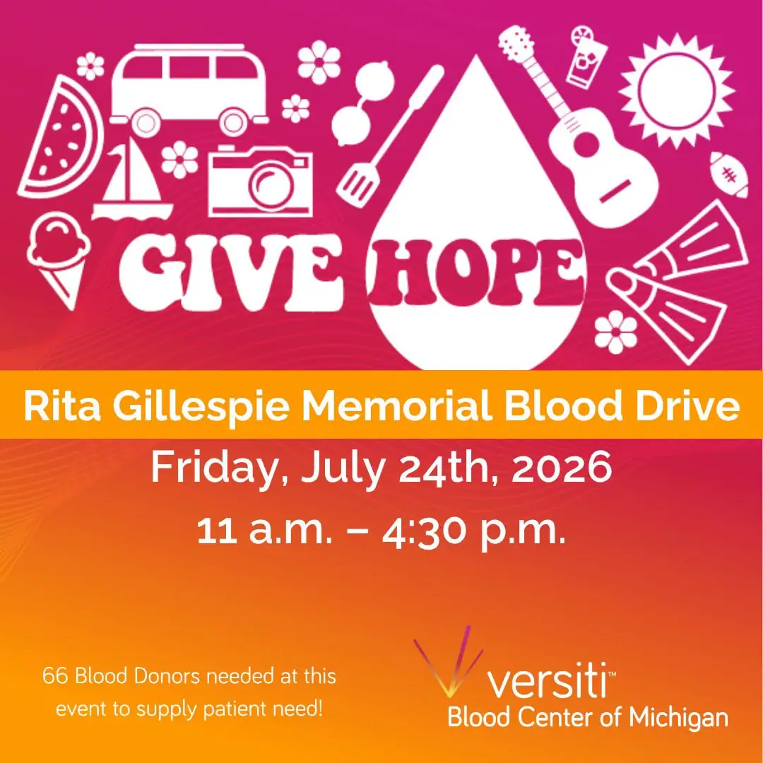 Promotional graphic for a memorial blood drive with a white droplet, bold lettering, and recreational icons.