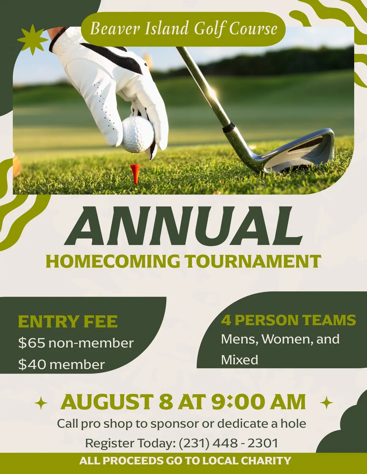 Promotional golf tournament flyer with a golfer's gloved hand, ball, tee, and club.