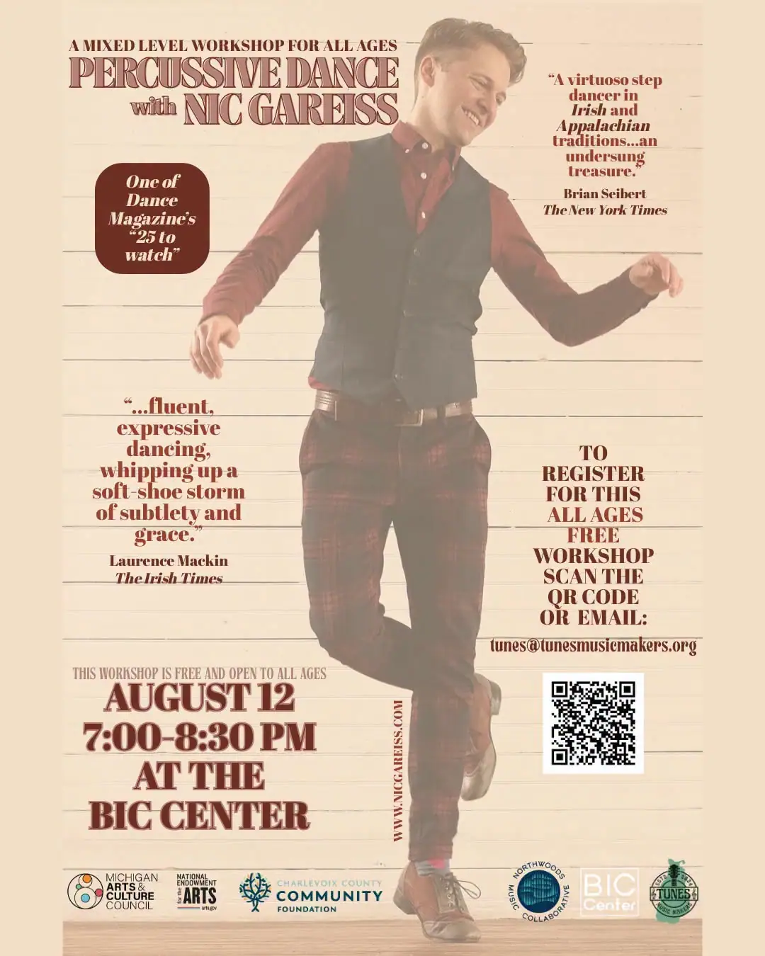 Promotional poster showing a dancer advertising a free all-ages percussive dance workshop.