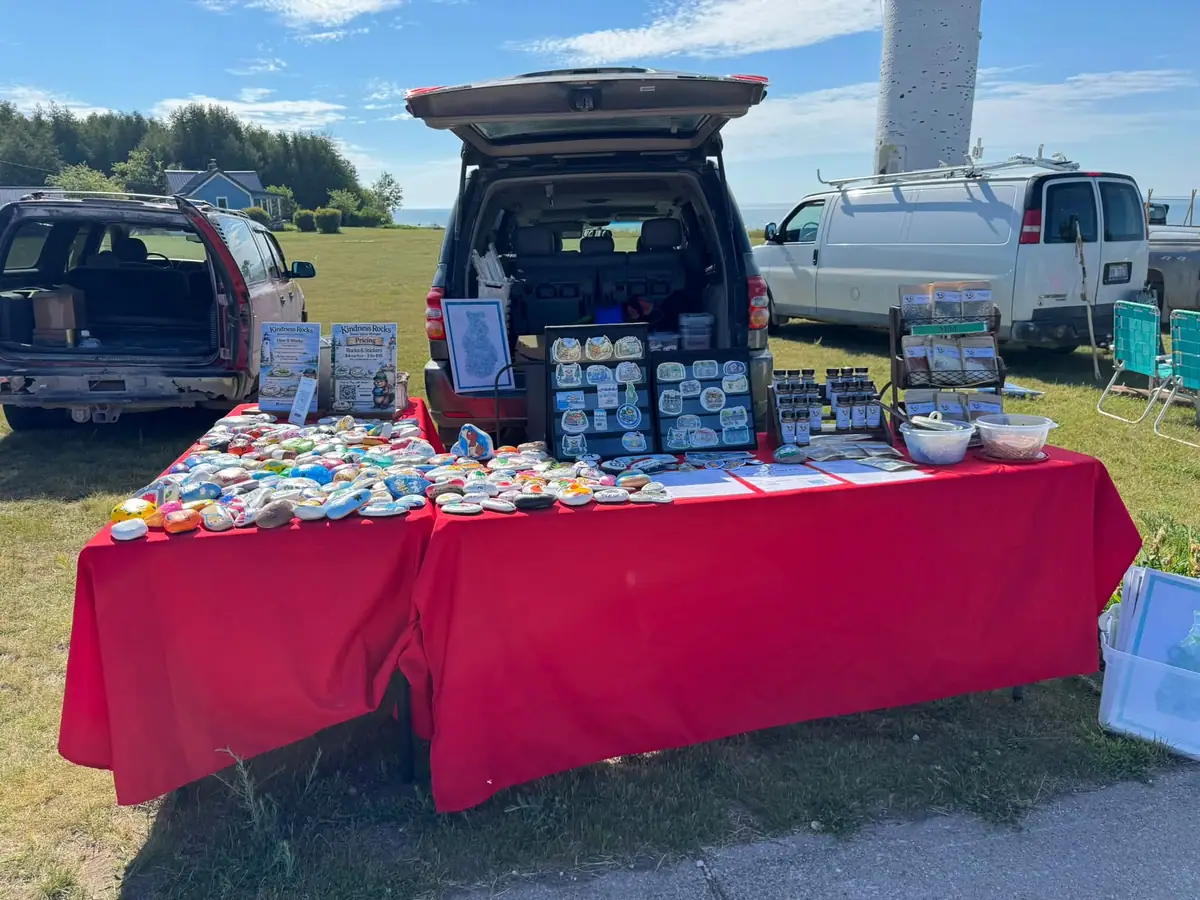 Outdoor market booth displaying painted rocks, small goods, and containers beside parked vehicles.