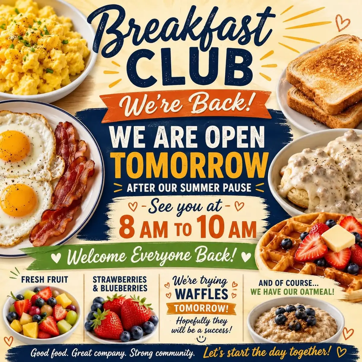 Illustrated breakfast announcement surrounded by eggs, bacon, toast, waffles, fruit, and oatmeal.