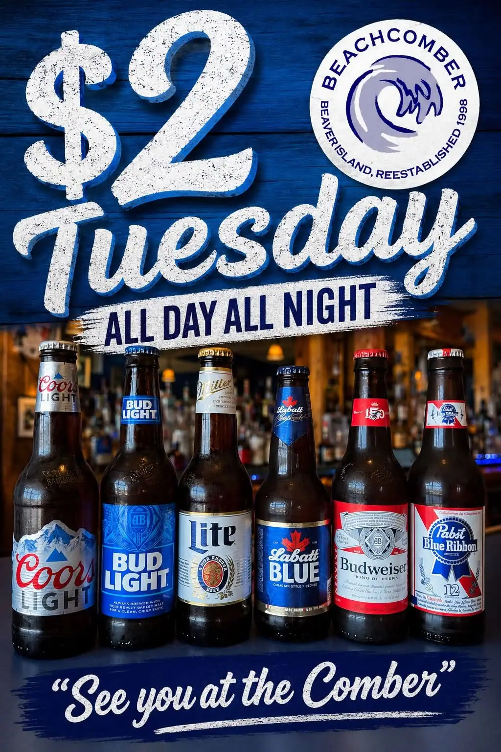 Promotional graphic advertising $2 Tuesday with six beer bottles and a circular Beachcomber beaver logo.