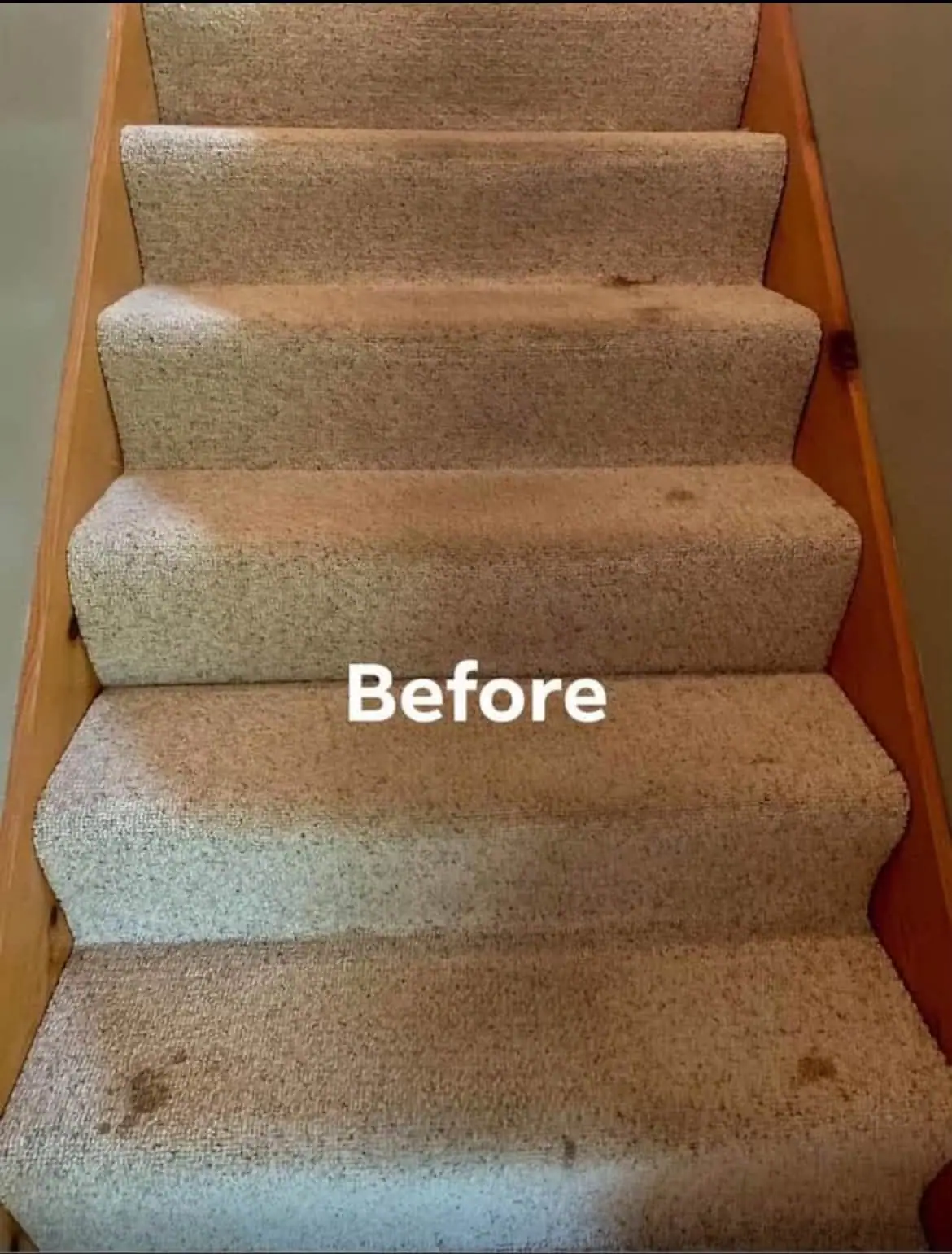 A worn carpeted staircase with wooden side rails and the word “Before” overlaid near the bottom.