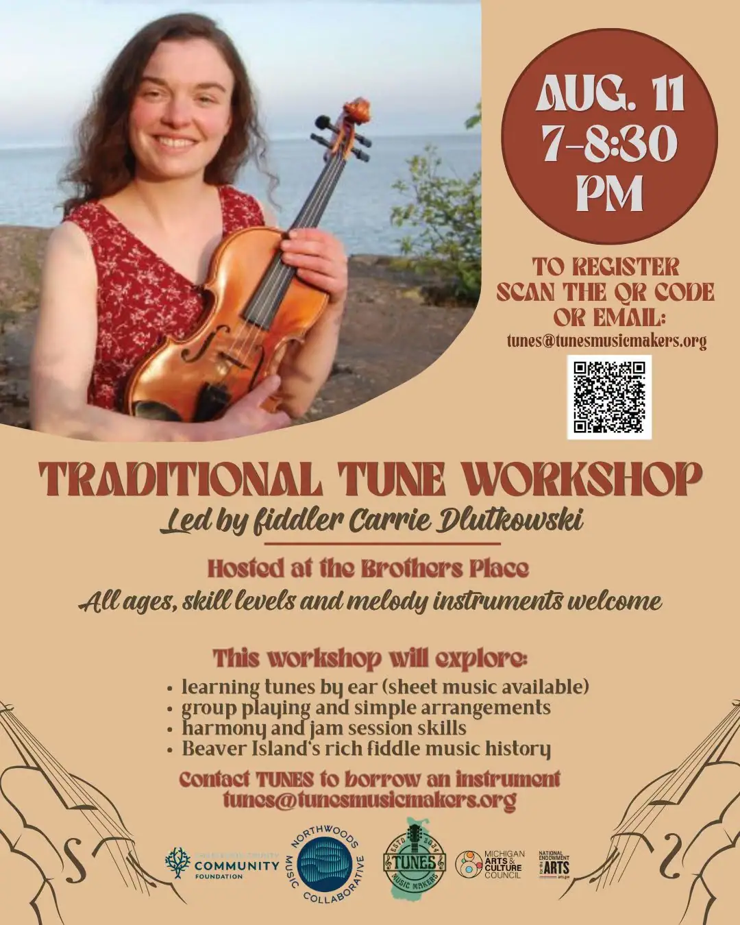 A promotional poster shows a smiling violinist beside details for a traditional tune workshop.