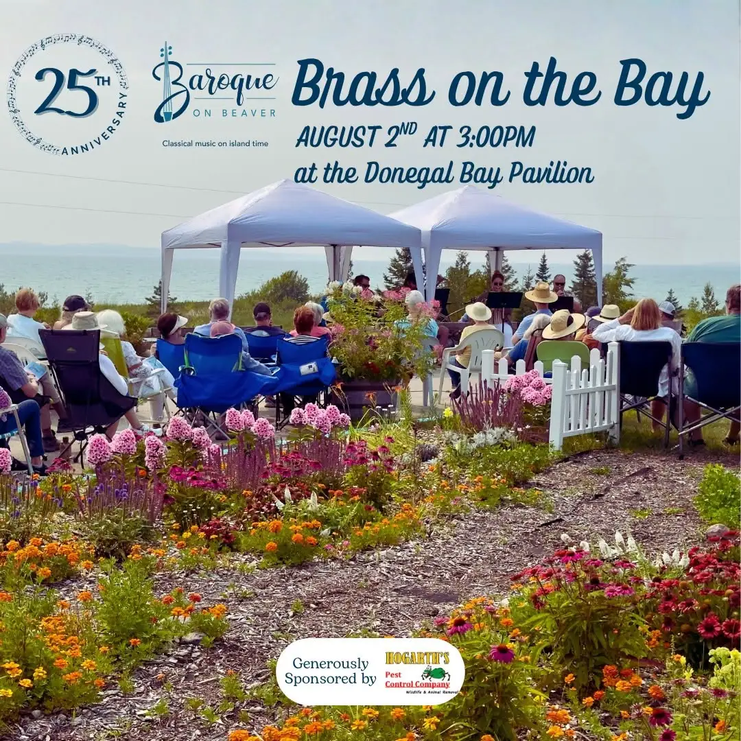 Promotional concert poster over a seaside garden scene with musicians, seated audience, and large event lettering.