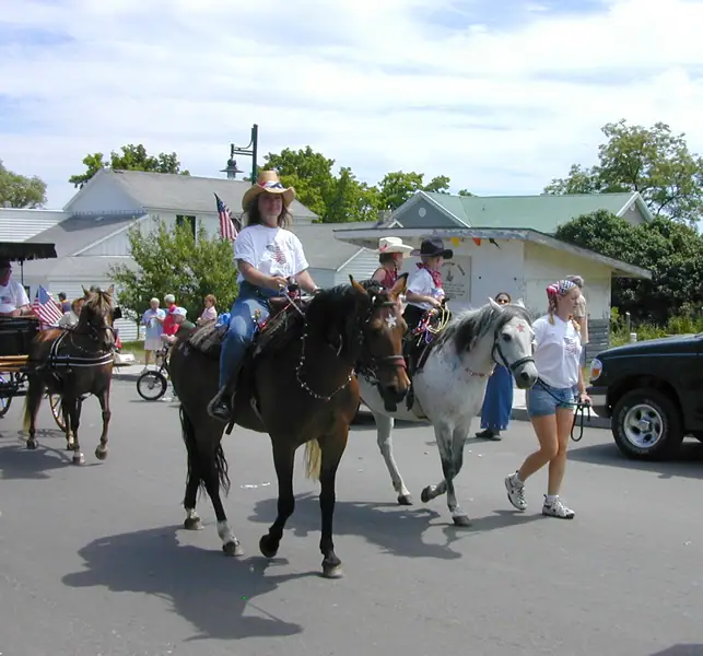Horse riders and pedestrians move along a paved street in a parade, with flags and buildings behind them.