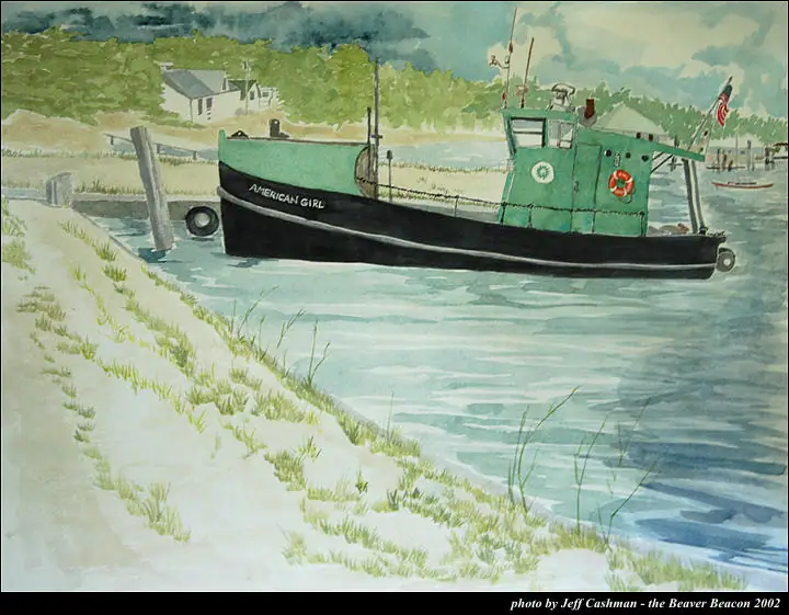 Watercolor painting of the fishing boat AMERICAN GIRL beside a sandy grassy shoreline.
