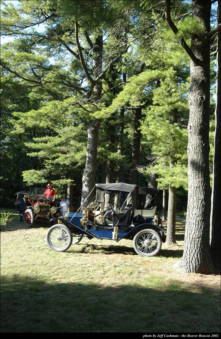 Two antique open cars are parked on grass beneath tall pine trees, with several people nearby.