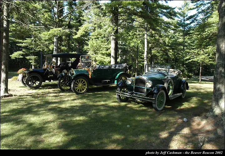 Three vintage automobiles are parked on a grassy clearing beneath tall trees.