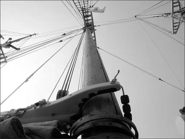 Black-and-white view upward along a wooden sailing-ship mast, with rigging and spars radiating overhead.