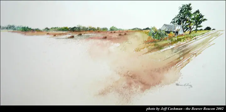 Watercolor landscape showing a small house, trees, and pale tracks across an open rural scene.