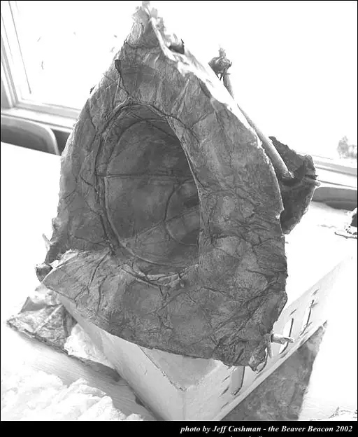 Black-and-white photograph of a large crumpled paper sculpture with a circular opening, displayed on a box by a window.