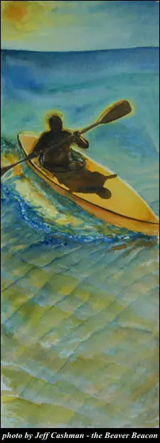 Photograph of a painting showing a person paddling a yellow kayak through blue-green water.