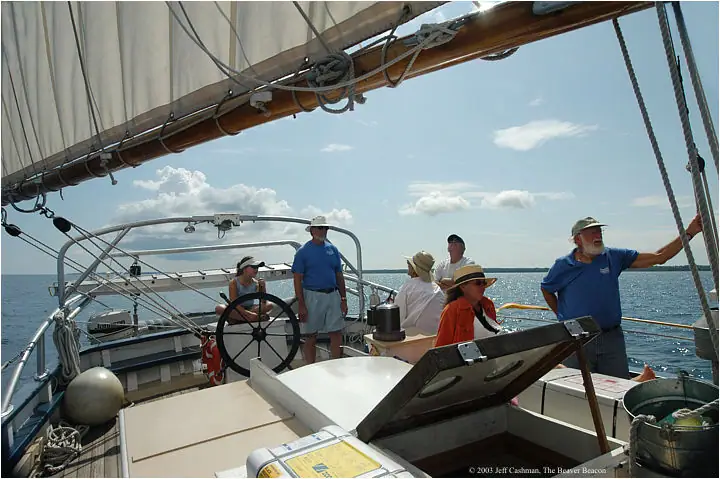 People stand and sit on the deck of a sailing vessel beneath a large sail, with open water and clouds beyond.